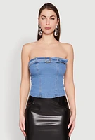 Womens Denim Belted Front Tube Top, Blue, Size XL