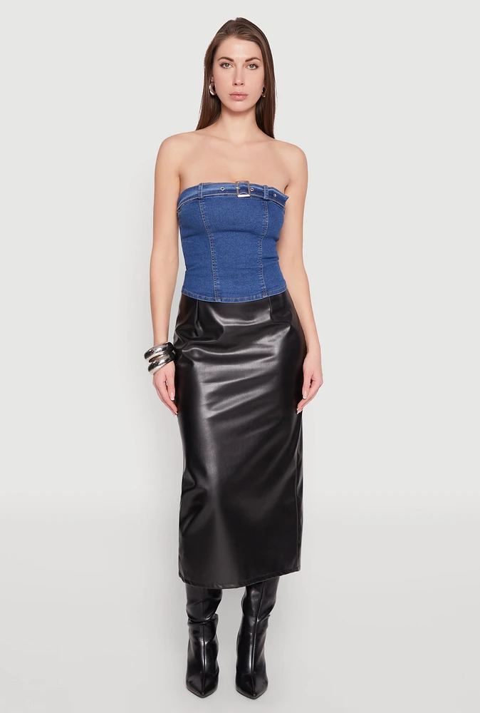Womens Denim Belted Front Tube Top, Blue, Size M