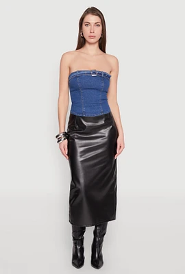 Womens Denim Belted Front Tube Top, Blue, Size M
