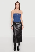 Womens Denim Belted Front Tube Top, Blue, Size M