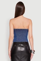 Womens Denim Belted Front Tube Top, Blue, Size M
