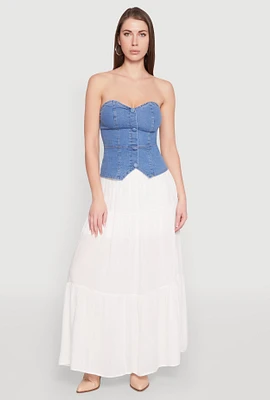 Womens Denim Button Front Tube Top, Blue, Size M
