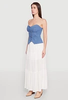 Womens Denim Button Front Tube Top, Blue, Size M