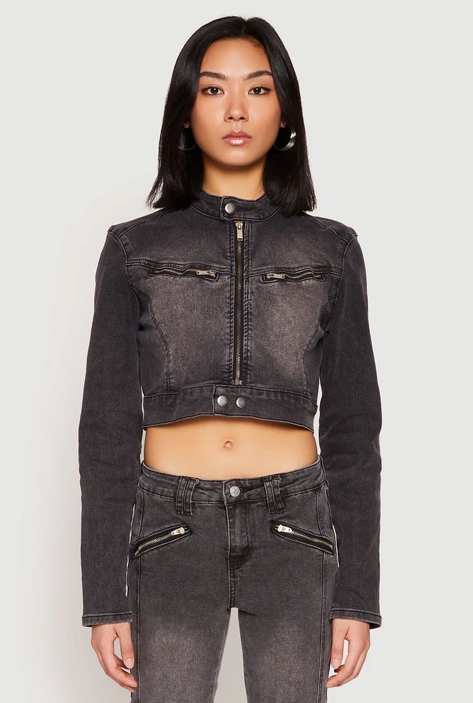 Womens Almost Famous Denim Moto Cropped Jacket, Grey,