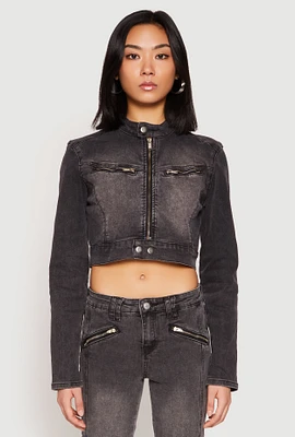 Womens Almost Famous Denim Moto Cropped Jacket, Grey,