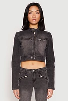 Womens Almost Famous Denim Moto Cropped Jacket, Grey,