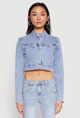 Womens Almost Famous Denim Moto Cropped Jacket, Blue, Size M