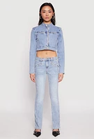 Womens Almost Famous Denim Moto Cropped Jacket, Blue, Size M