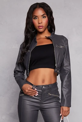 Womens Almost Famous Faux Leather Cropped Moto Jacket, Grey, Size M