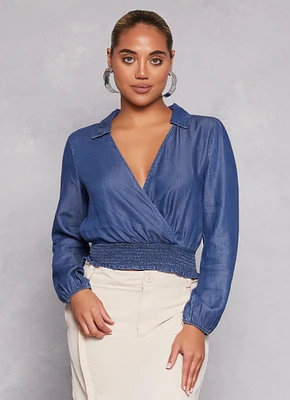 Womens Chambray Faux Wrap Crop Top, Blue, Size S