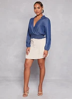Womens Chambray Faux Wrap Crop Top, Blue, Size S