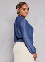 Womens Chambray Faux Wrap Crop Top, Blue, Size S