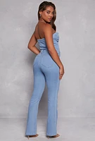 Womens Denim Strapless Zip Front Jumpsuit, Blue, Size M