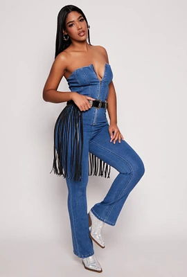 Womens Denim Strapless Zip Front Jumpsuit, Blue, Size S