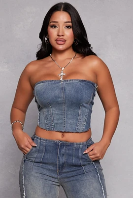 Womens Corset Denim Tube Top, Blue,