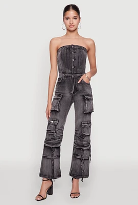 Womens Daisy Denim Strapless Flare Jumpsuit with Cargo Pockets,