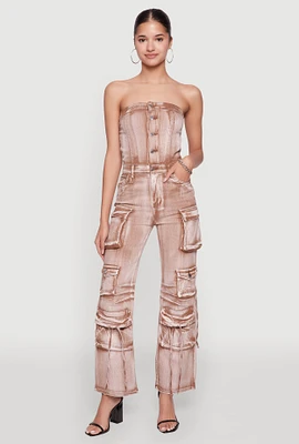 Womens Daisy Denim Strapless Flare Jumpsuit with Cargo Pockets,