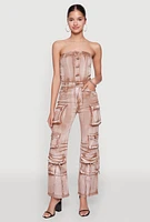 Womens Daisy Denim Strapless Flare Jumpsuit with Cargo Pockets,