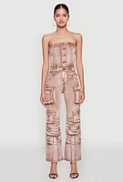 Womens Daisy Denim Strapless Flare Jumpsuit with Cargo Pockets,