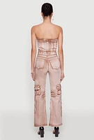 Womens Daisy Denim Strapless Flare Jumpsuit with Cargo Pockets,
