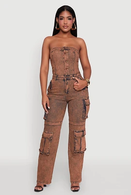 Womens Daisy Mineral Wash Denim Jumpsuit with Cargo Pockets, Multi, Size S