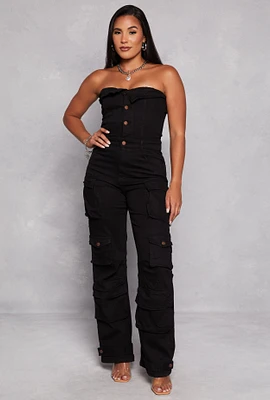 Womens Daisy Denim Strapless Button Front Cargo Jumpsuit, Black, Size S