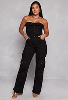 Womens Daisy Denim Strapless Button Front Cargo Jumpsuit, Black, Size S