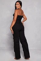 Womens Daisy Denim Strapless Button Front Cargo Jumpsuit, Black, Size S