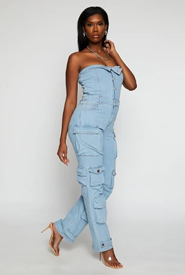 Womens Daisy Denim Strapless Button Front Cargo Jumpsuit, Blue,