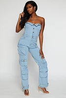Womens Daisy Denim Strapless Button Front Cargo Jumpsuit, Blue,