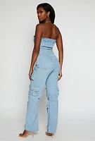 Womens Daisy Denim Strapless Button Front Cargo Jumpsuit, Blue,