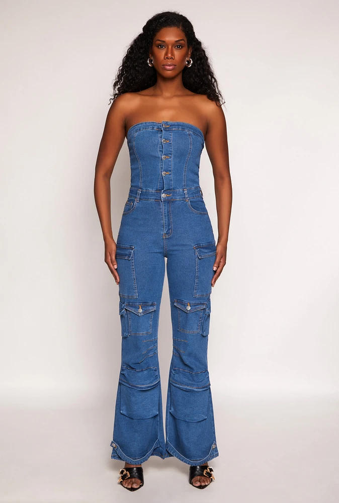 Womens Daisy Denim Cargo Pocket Jumpsuit, Blue, Size L