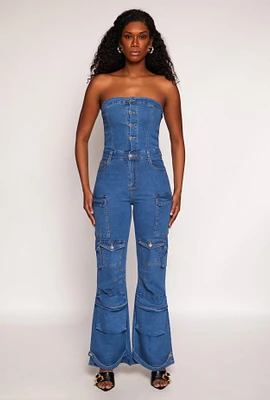Womens Daisy Denim Cargo Pocket Jumpsuit, Blue, Size L