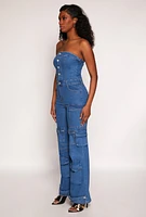 Womens Daisy Denim Cargo Pocket Jumpsuit, Blue, Size L