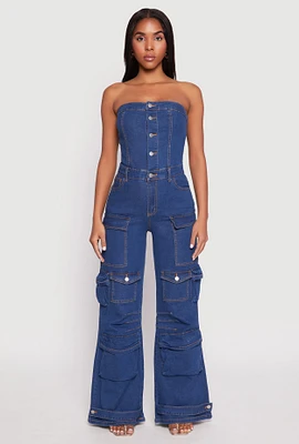 Womens Daisy Denim Cargo Pocket Jumpsuit, Blue,