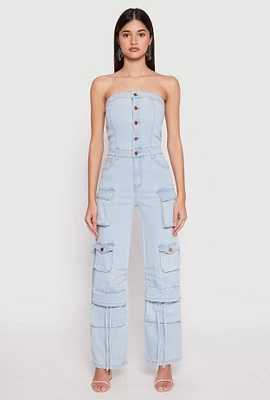 Womens Daisy Denim Straight Leg Cargo Jumpsuit, Blue,