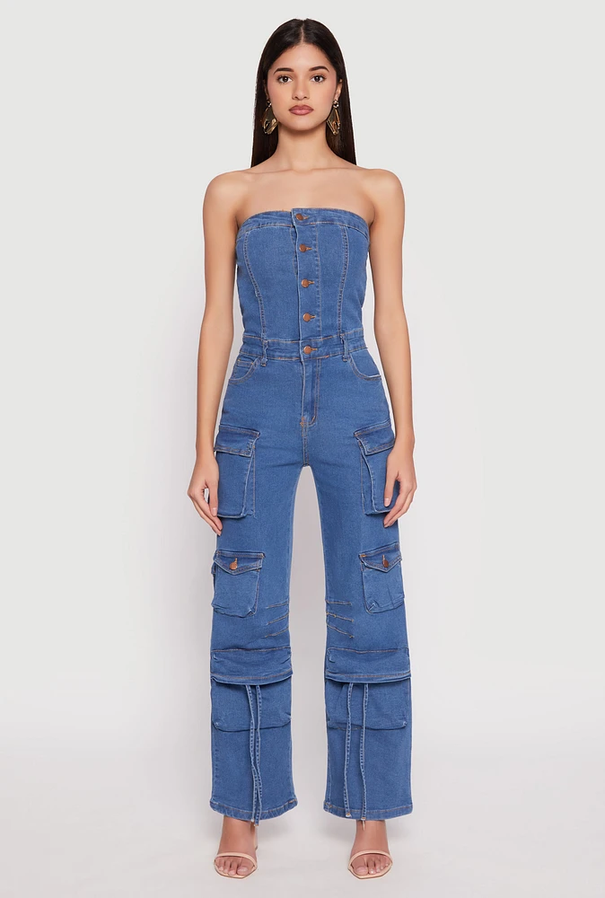 Womens Daisy Denim Straight Leg Cargo Jumpsuit, Blue, Size L