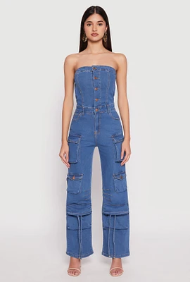 Womens Daisy Denim Straight Leg Cargo Jumpsuit, Blue, Size L