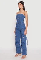 Womens Daisy Denim Straight Leg Cargo Jumpsuit, Blue, Size L