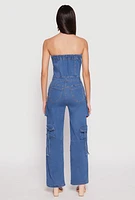 Womens Daisy Denim Straight Leg Cargo Jumpsuit, Blue, Size L