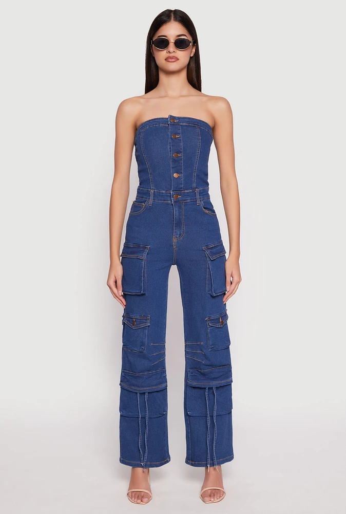 Womens Daisy Denim Straight Leg Cargo Jumpsuit, Blue,