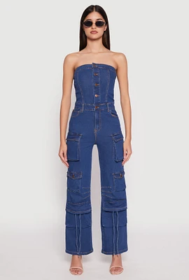 Womens Daisy Denim Straight Leg Cargo Jumpsuit, Blue,