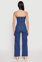 Womens Daisy Denim Straight Leg Cargo Jumpsuit, Blue,
