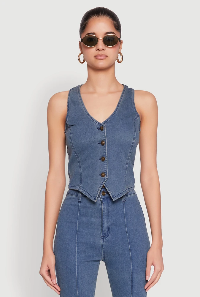 Womens Button Front Denim Vest, Blue, Size M