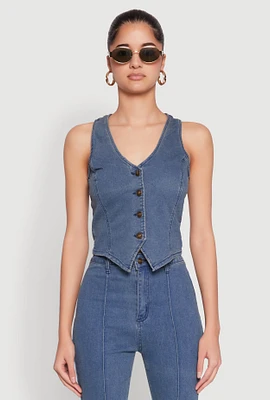 Womens Button Front Denim Vest, Blue, Size M
