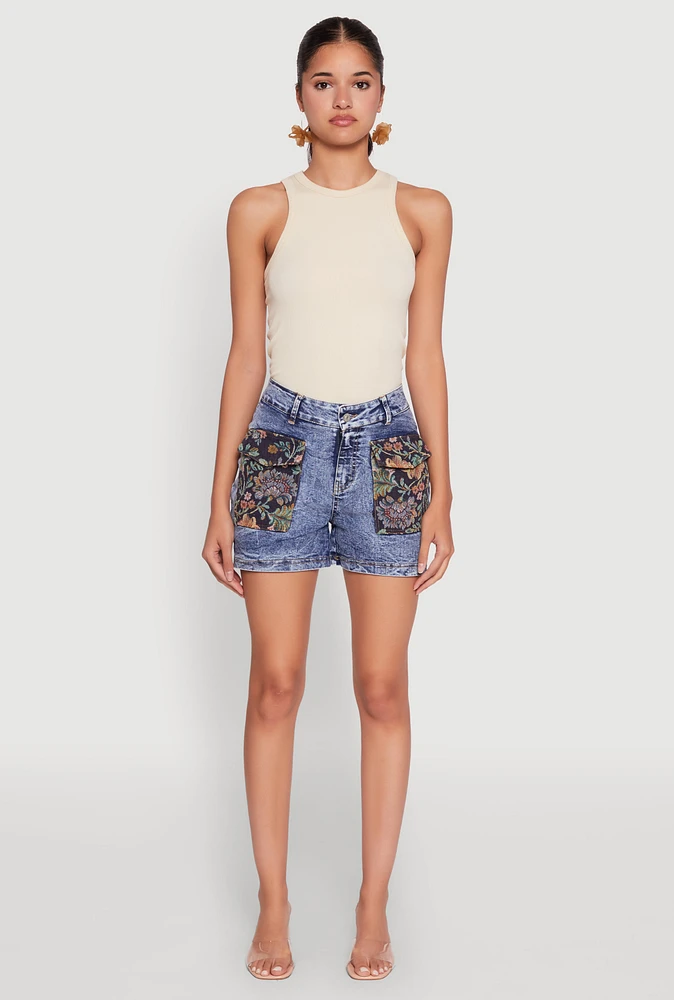 Womens Trendy Floral Jacquard Cargo Pocket Denim Shorts, Blue, Size L
