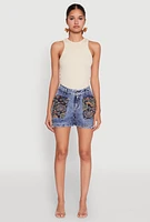 Womens Trendy Floral Jacquard Cargo Pocket Denim Shorts, Blue, Size L