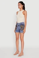 Womens Trendy Floral Jacquard Cargo Pocket Denim Shorts, Blue, Size L