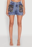 Womens Trendy Floral Jacquard Cargo Pocket Denim Shorts, Blue, Size L