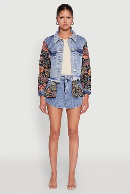 Womens Floral Jacquard High Waisted Denim Skort, Blue,